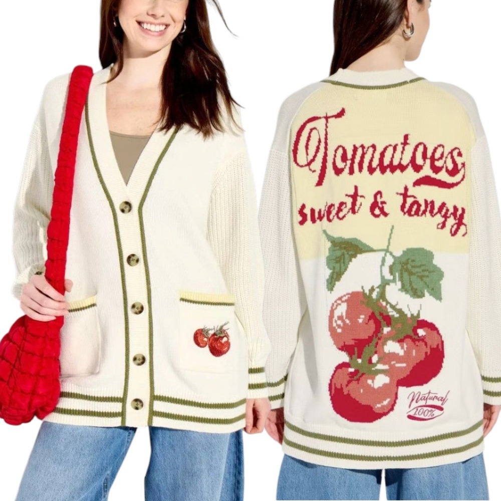 33 Degrees XS Cream Tomato Graphic Chunky Knit Cardigan Cottage Farmer's Market